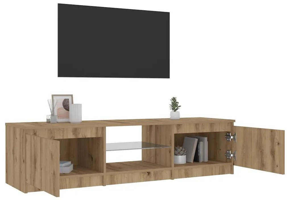 kézműves tölgy szerelt fa TV-szekrény LED-ekkel 140x40x35,5 cm