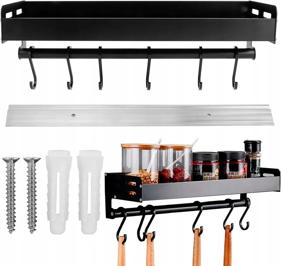 Konyhai Rendszerező Konyhai Polc Fekete 6 Akasztóval