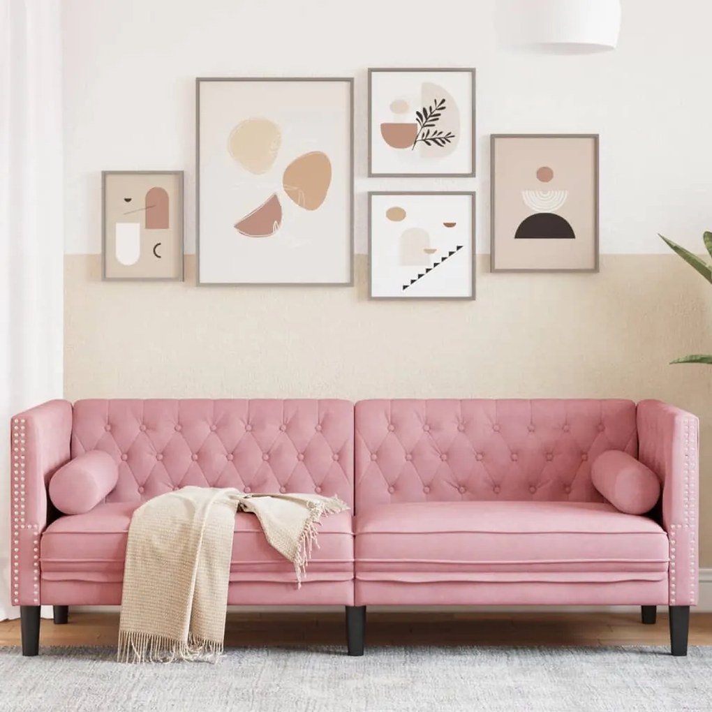 3 személyes rózsaszín bársony Chesterfield kanapé párnákkal