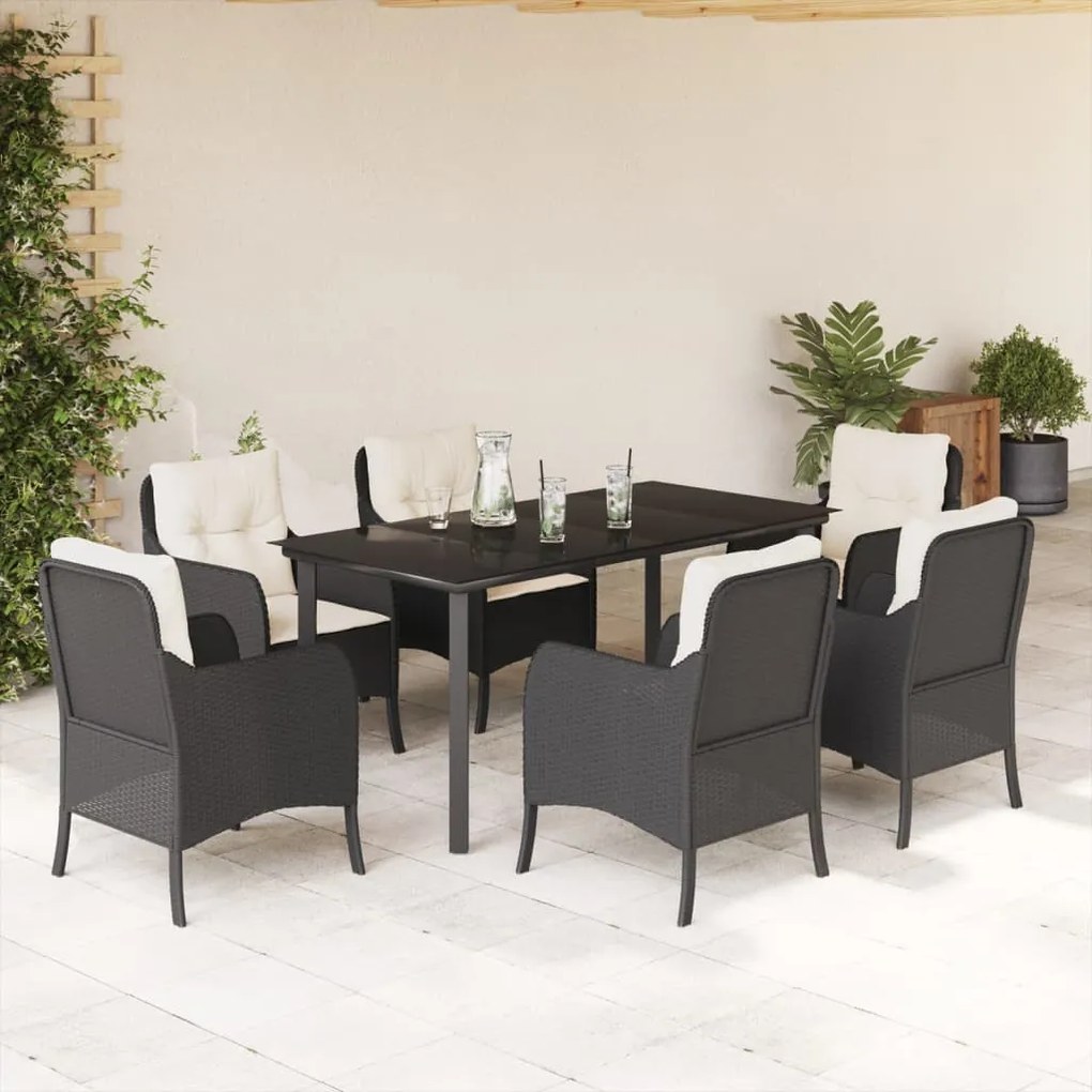 7 részes fekete polyrattan kerti étkezőgarnitúra párnával