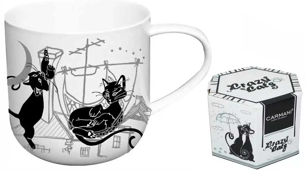 Cicás porcelán bögre 500 ml fekete macskák a háztetőn