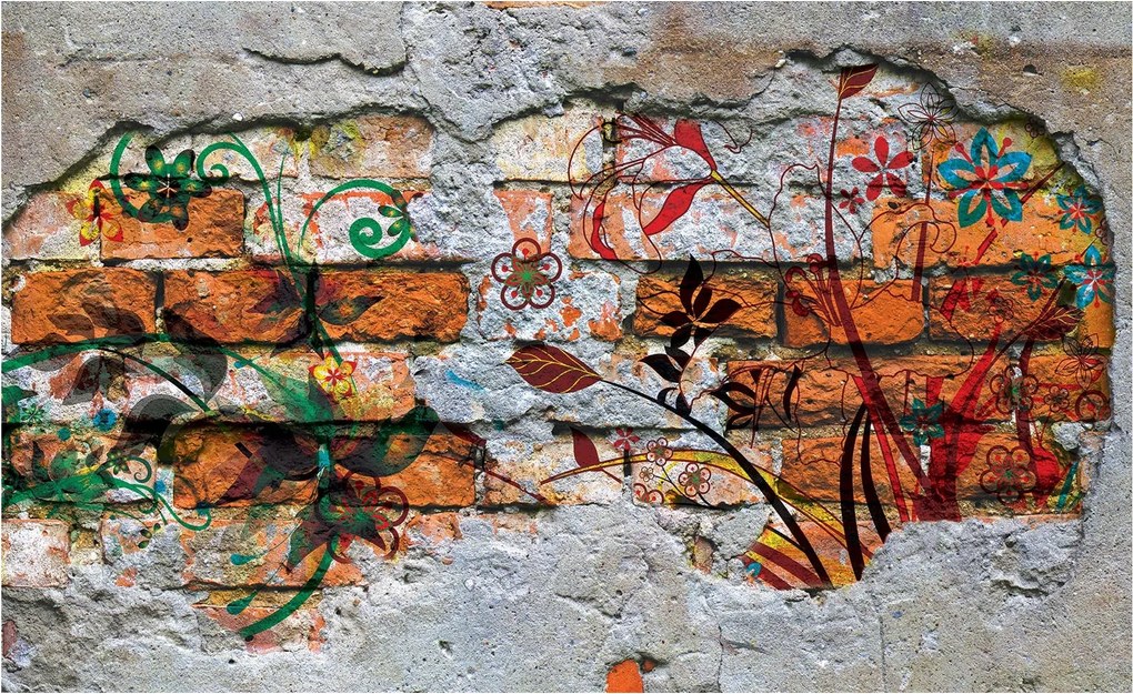 Flizelin fotótapéta Beton Tégla és Virágok Loft Vintage 200x140 +ragasztó