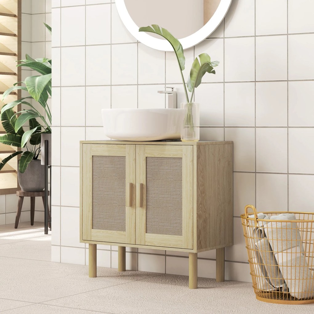 HOMCOM Fürdőszobai Mosdóasztal, Alatta Tárolás, Rattan Ajtók, Bohém Stílus, Fenyő Lábak, 2 Szint, 60 x 30 x 60 cm, Tölgy | Aosom