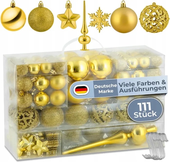 111 db-os lógó karácsonyfadísz szett arany különböző méretekben