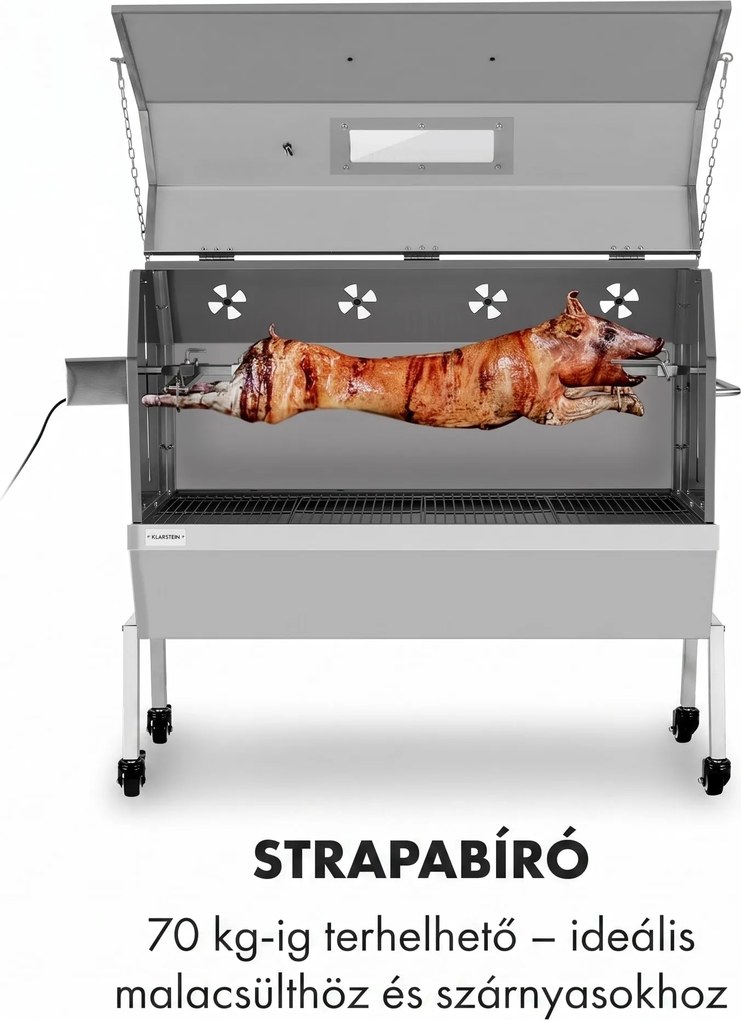 Klarstein Sauenland Pro XL, malacsütő grill, forgó nyárs, 13 W, 4 kerék, rozsdamentes acél