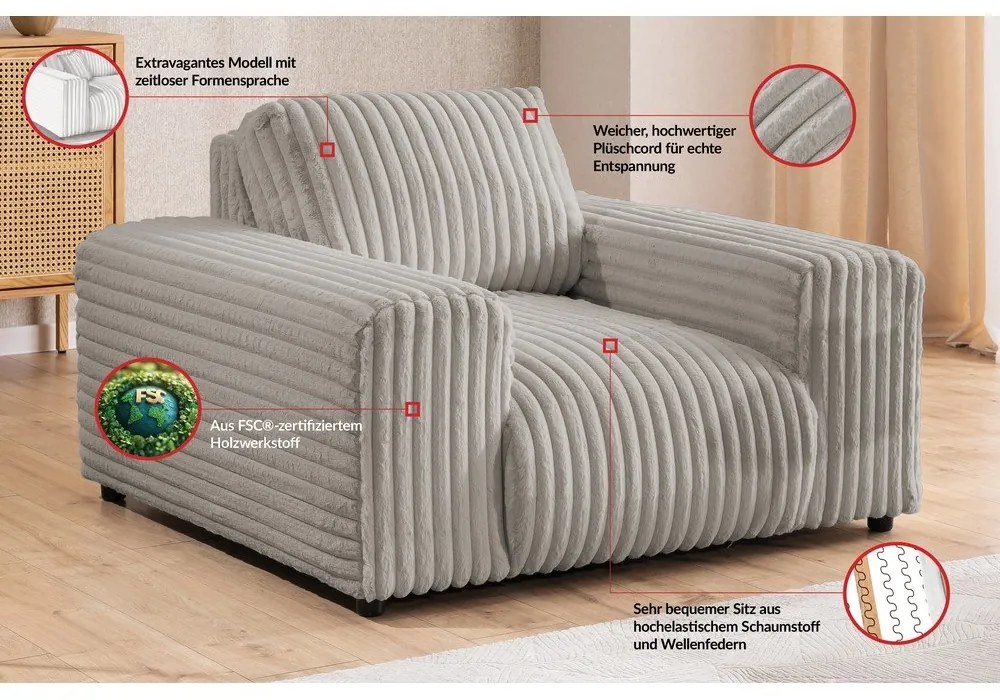 Világosszürke kordbársony fotel Justin – Ropez