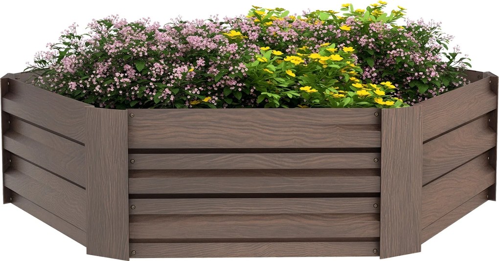 Outsunny Kerti Ágyás Acélból, Hatszögletű Virágágy Nyitott Aljjal, Növényi Konténer Fa Hatással, Zöldségágyas Erkélyre és Kertbe, Sötétbarna, 113 x 98