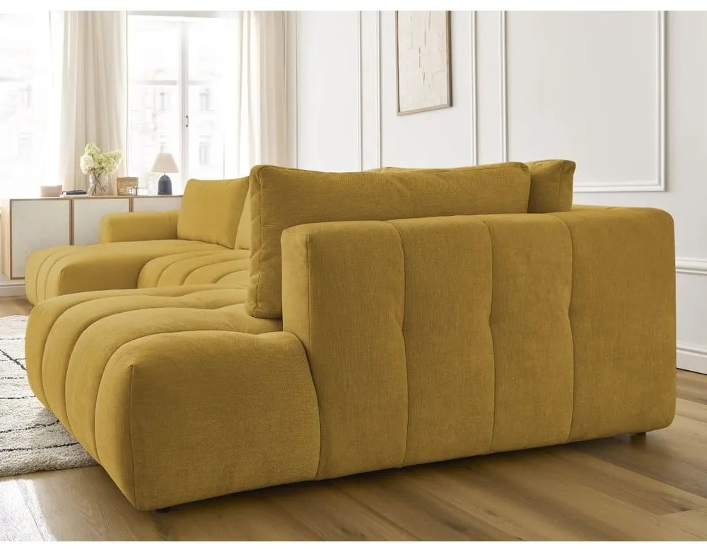 Mustársárga kinyitható-tárolóhelyes sarokkanapé (jobb oldali-U alakú) Fuji – Bobochic Paris