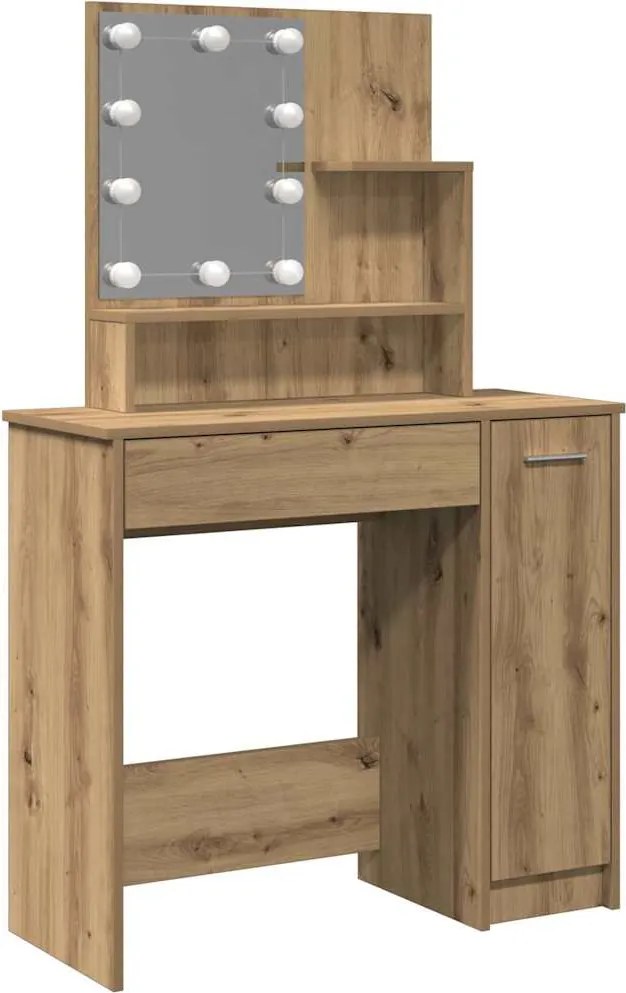vidaXL kézműves tölgy színű LED-es fésülködőasztal 86,5 x 35 x 136 cm