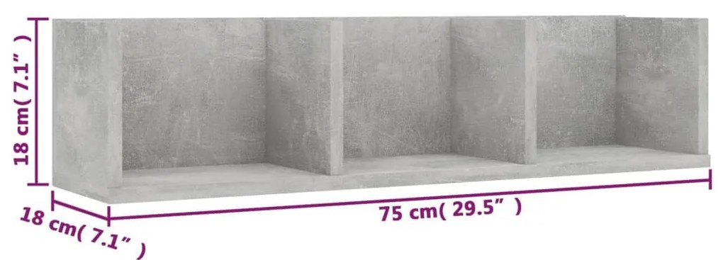 betonszürke szerelt fa CD-tartó fali polc 75 x 18 x 18 cm