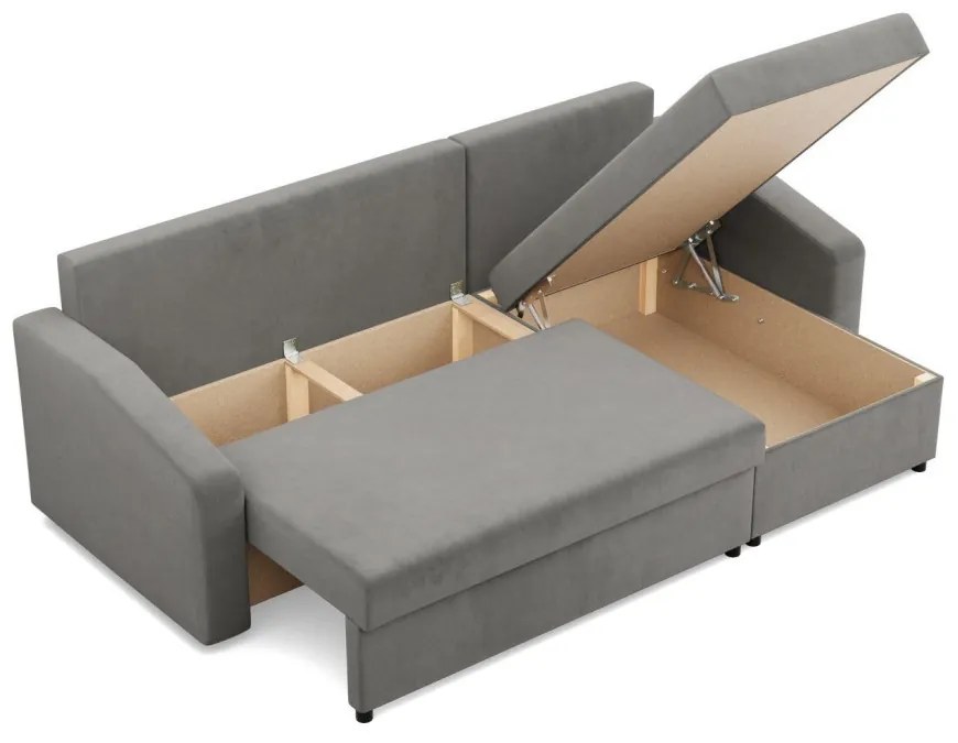 Zeus sarokkanapé, 2 ágyneműtartóval, döntött kartámasz, bársony, univerzális oldal, bonell töltet, világosszürke