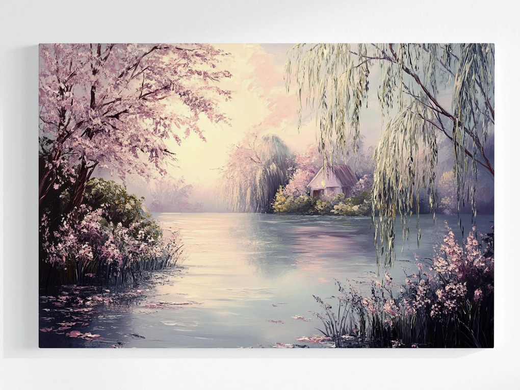 Vászonkép Canvas Tájkép Tavasz Víz Tó Fűzfa Cseresznye 120x80