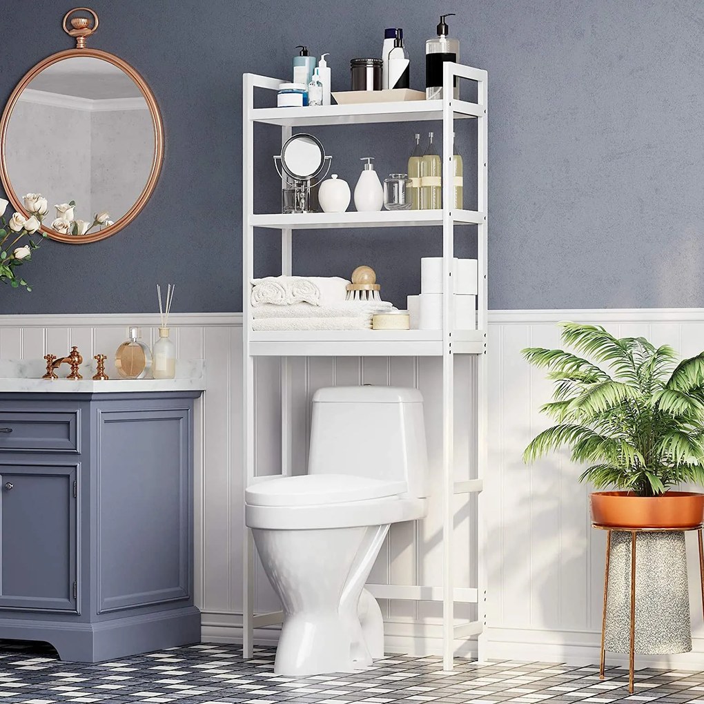 WC-polc, 3 szintes bambusz fürdőszobai polc,, 63 x 163 x 26 cm, fehér