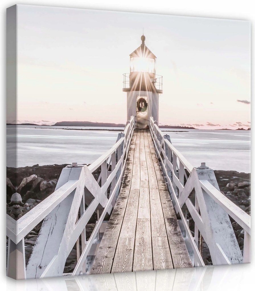 Vászonkép 80x80 Világítótorony móló fa fedélzet köves part nyugodt