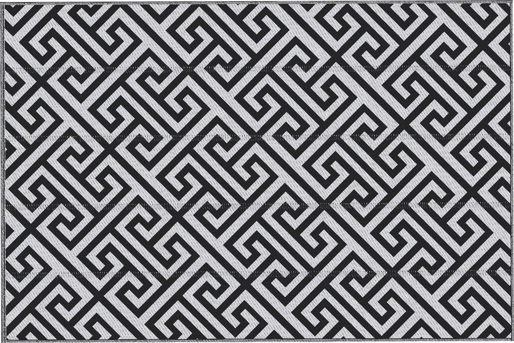 Outsunny Kültéri Szőnyeg 182x274 cm Fordítható Szőnyeg Vízálló Geometrikus Mintával Teraszra, Erkélyre, Pavilonhoz, Strandhoz Fekete és Fehér | Aosom