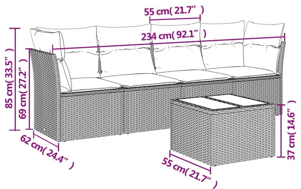 5 részes fekete polyrattan kerti kanapészett párnákkal