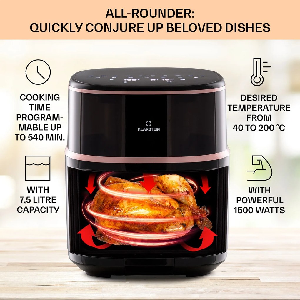 Klarstein Air Bloom, forrólevegős fritőz, 1500 W, 7,5 l, 16 program, gőzölő funkcióval
