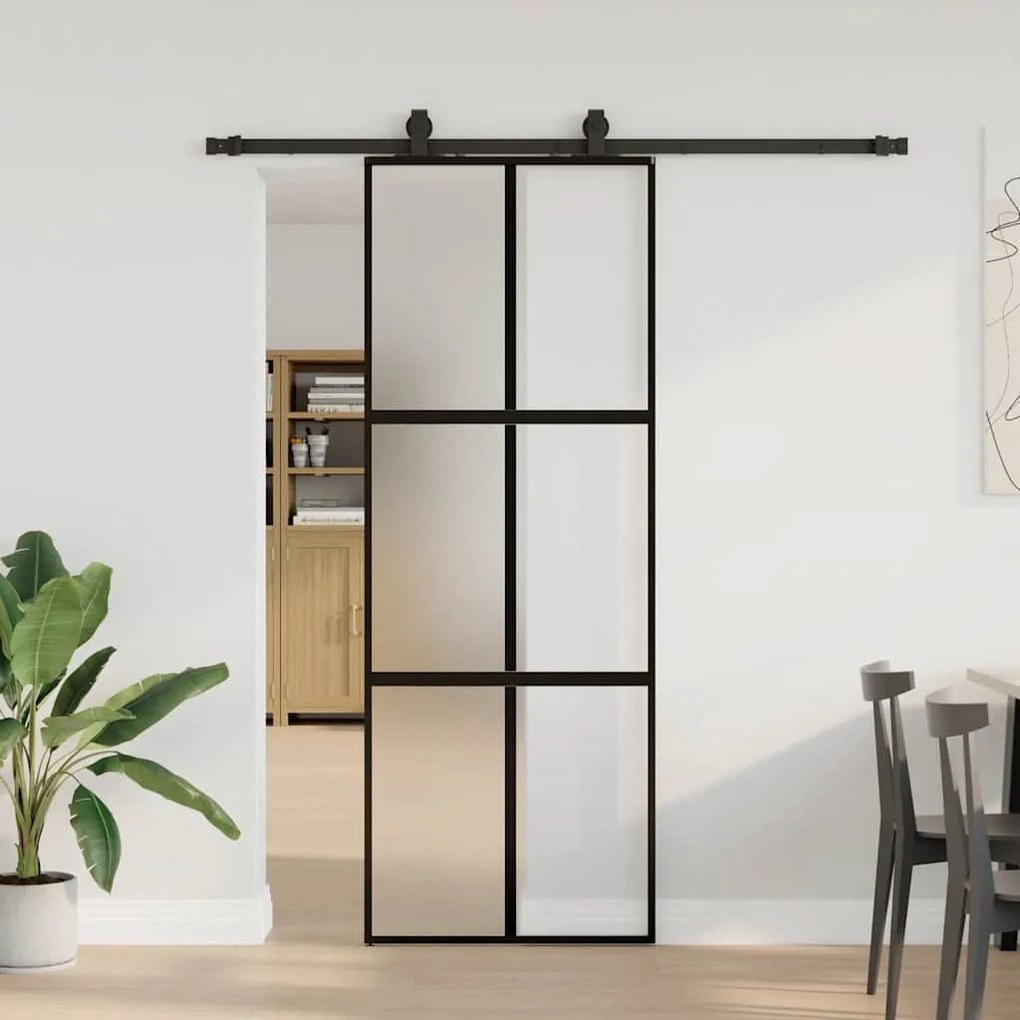 Fekete edzett üveg tolóajtó fémszerelék szettel 76x205 cm