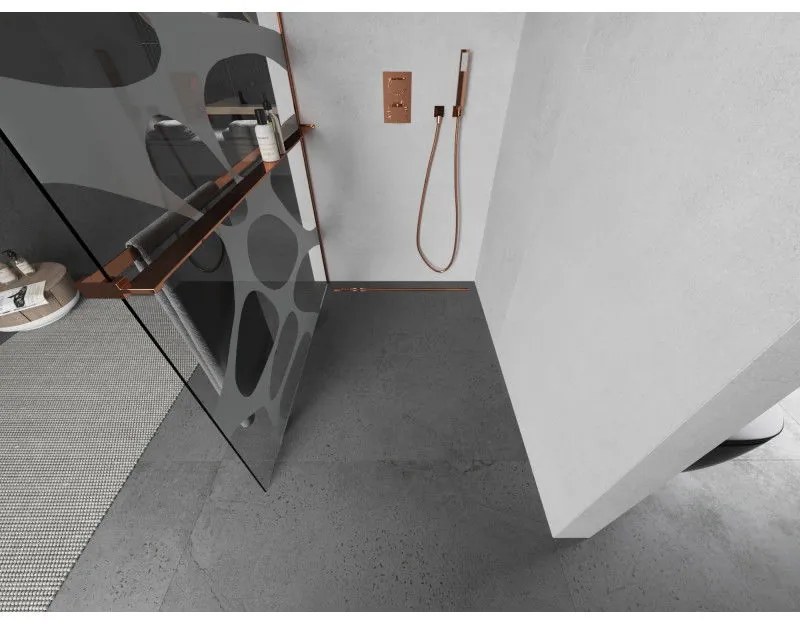 Mexen Kioto +, zuhanyparaván polccal és törölközőtartóval 100 x 200 cm, 8mm átlátszó üvegmintás fehér, rózsa arany profil, 800-100-121-60-97