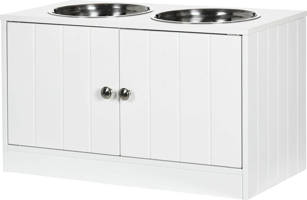 PawHut Emelt Kutyatápláló Állomás Vízállással 2 x 2000ml Rozsdamentes Acél Tálakkal Nagy Kutyák és Macskák Számára, Fehér | Aosom