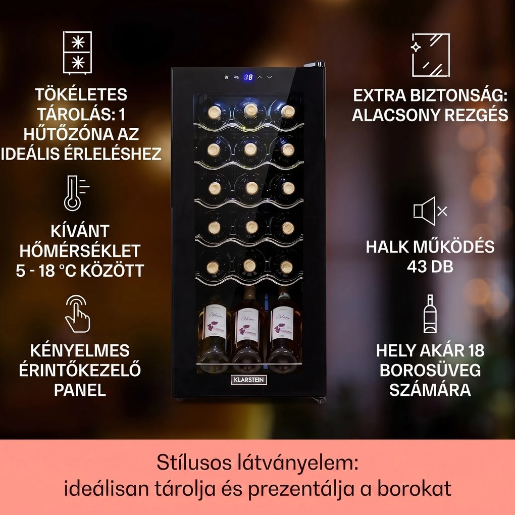 Klarstein Shiraz 18 Uno, borhűtő, 50 liter, 18 palack, 5-18°C, érintőképernyős vezérlőpanel