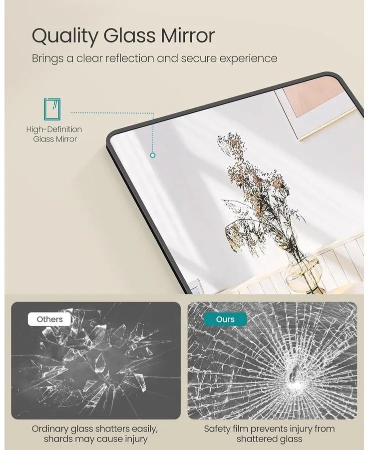 Álló tükör, teljes alakos tükör, 50 x 160 cm, alumíniumötvözet váz, edzett üveg, fekete