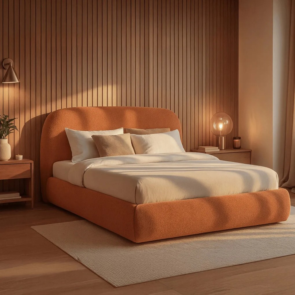 Rozsdabarna Bouclé Franciaágy Ágyneműtartóval. 160×200 ROSSO