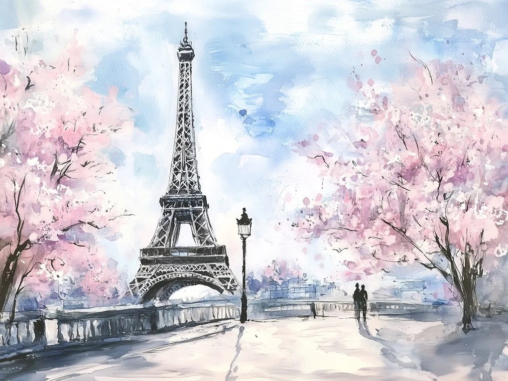 Vászonkép Canvas Párizs Eiffel-torony Virágzó Cseresznye Tavasz 100 x 75