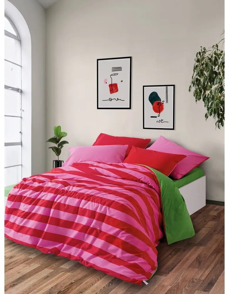 Zöld-rózsaszín négyrészes kétszemélyes hosszabbított renforcé pamut ágyneműhuzat lepedővel 200x220 cm Cherie – Mijolnir