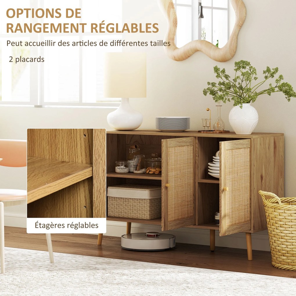 HOMCOM Büfé Vitrin, Rattan Ajtókkal és Állítható Polccal, Nappaliba és Étkezőbe, Méretek: 120 x 40 x 75 cm, Természetes Fa Megjelenés | Aosom