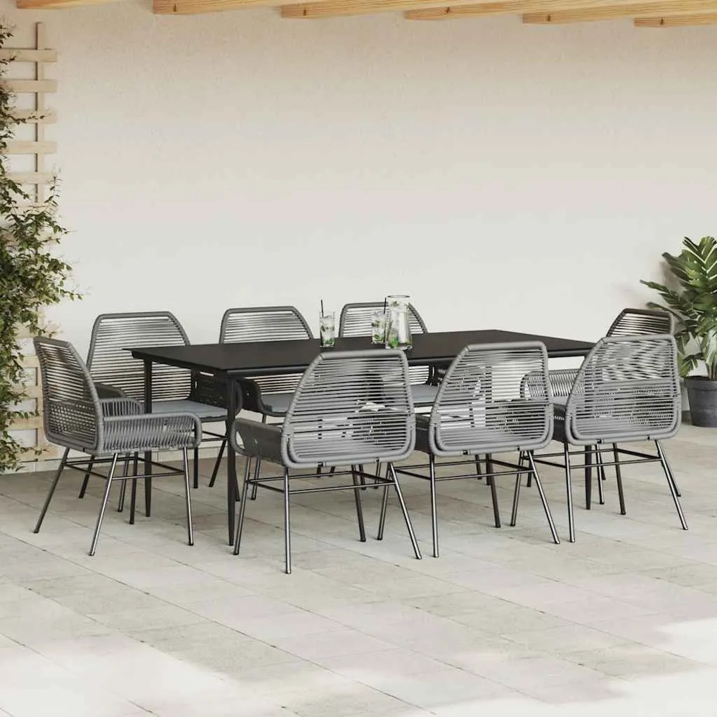 9 részes szürke polyrattan üveg kerti étkezőgarnitúra párnával