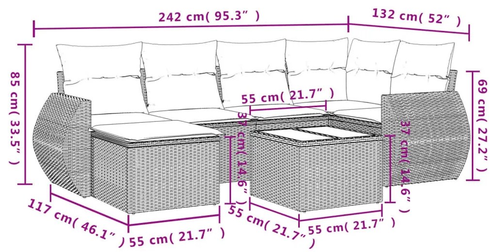 7 részes barna polyrattan kerti ülőgarnitúra párnákkal