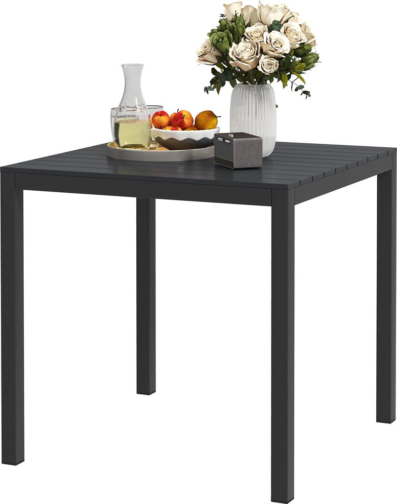 Outsunny Alumínium Kerti Asztal 73x73 cm Időjárásálló Svédasztal Fából készült megjelenéssel, 4 személyes Kemping Asztal Csúszásmentes Erkély Asztal K