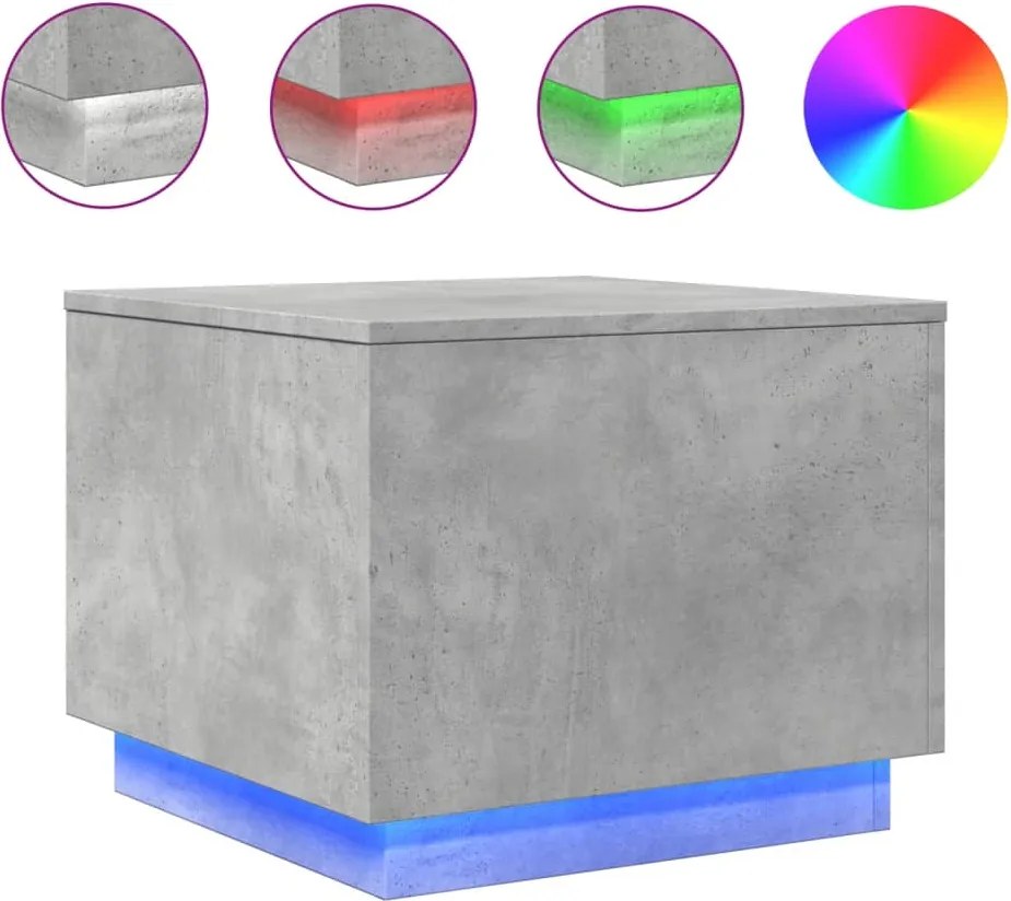 vidaXL betonszürke dohányzóasztal LED-lámpákkal 50 x 50 x 40 cm