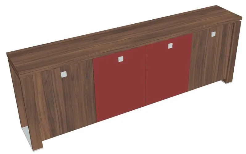Verno+ S alacsony szekrény 260 x 46 x 90 cm, kombinált ajtó, dió / piros