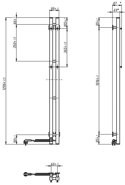 Elektromos törölközőszárító termosztáttal SILOUETTE 187W/230V 120,6cm IP44 fekete jobb