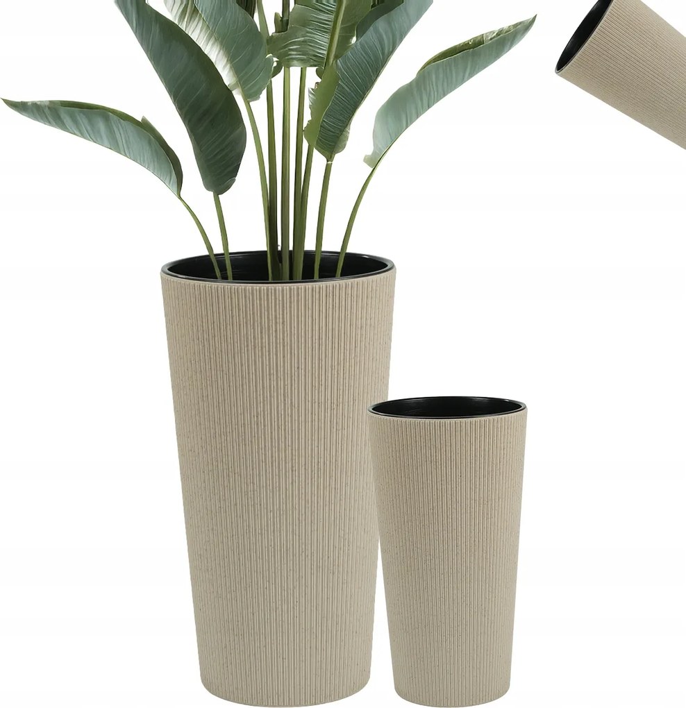 Magas Kaspó Bézs Coffee 36 CM, Bordázott Betéttel