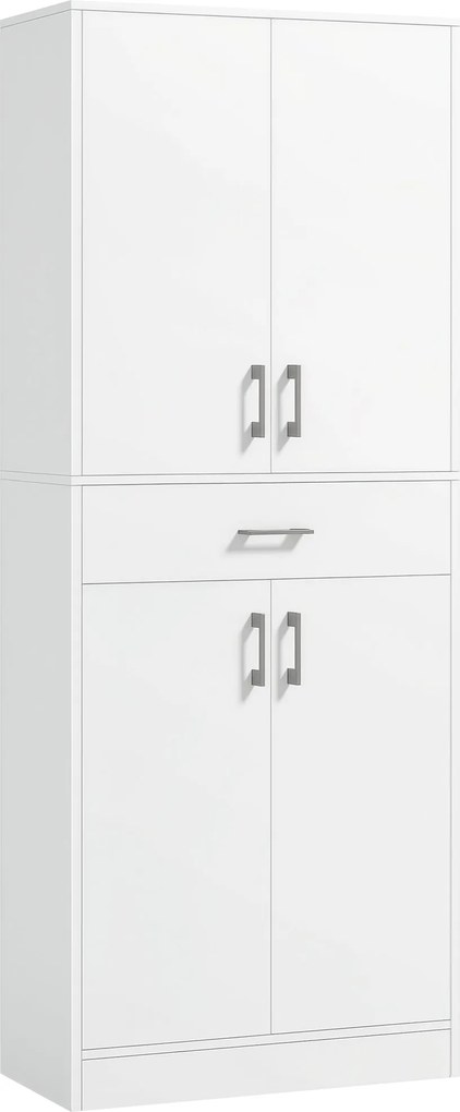 HOMCOM Konyhai Kamra 4 Ajtóval, 1 Fiókkal és Állítható Polcokkal - Modern Konyhaszekrény Nappaliba, Étkezőbe - 70,8x34x180 cm Fehér és Ezüst | Aosom