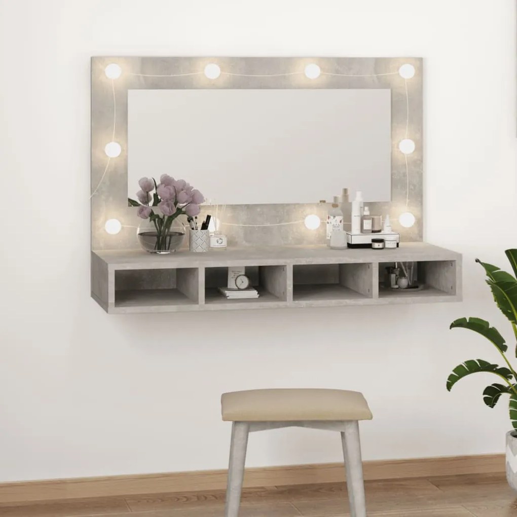 betonszürke tükrös szekrény LED-ekkel 90 x 31,5 x 62 cm