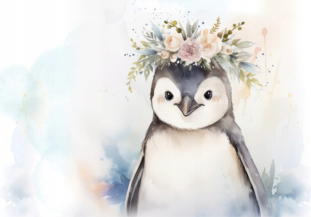 Pingvin tapéta rózsa koszorúban akvarell vinil gyerekszoba 208x146+ragasztó