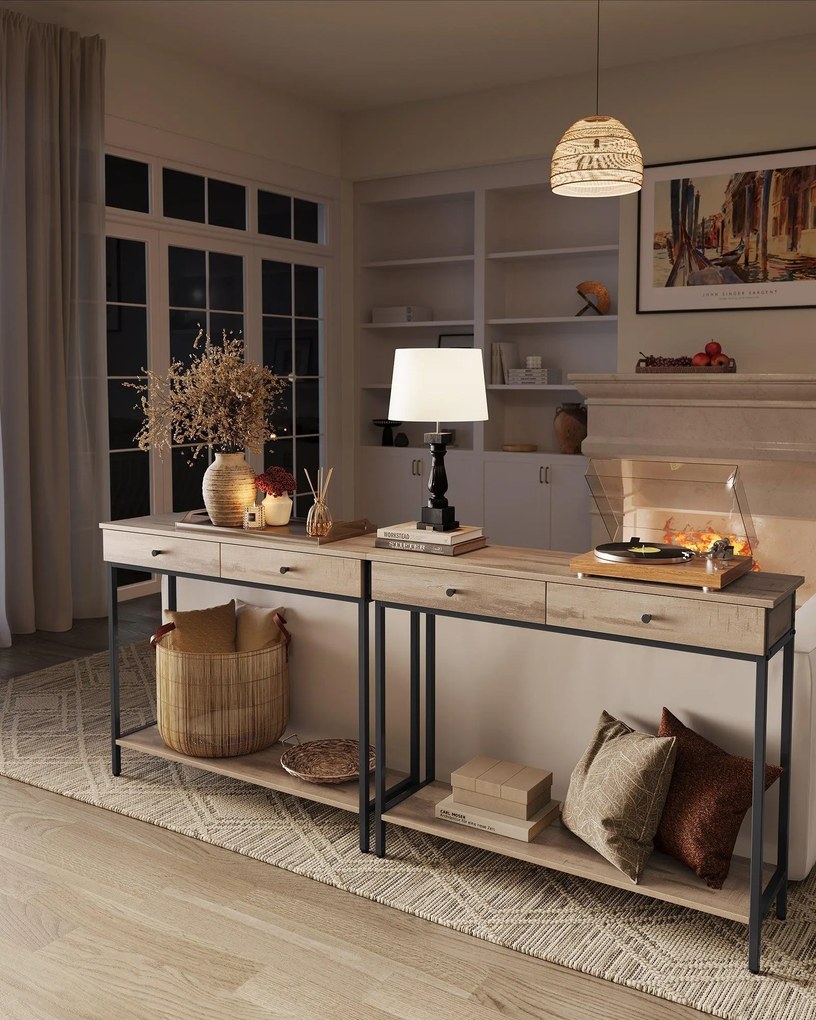 Fémvázas konzolasztal 2 fiókkal, ipari dizájn, tevebarna-fekete színben