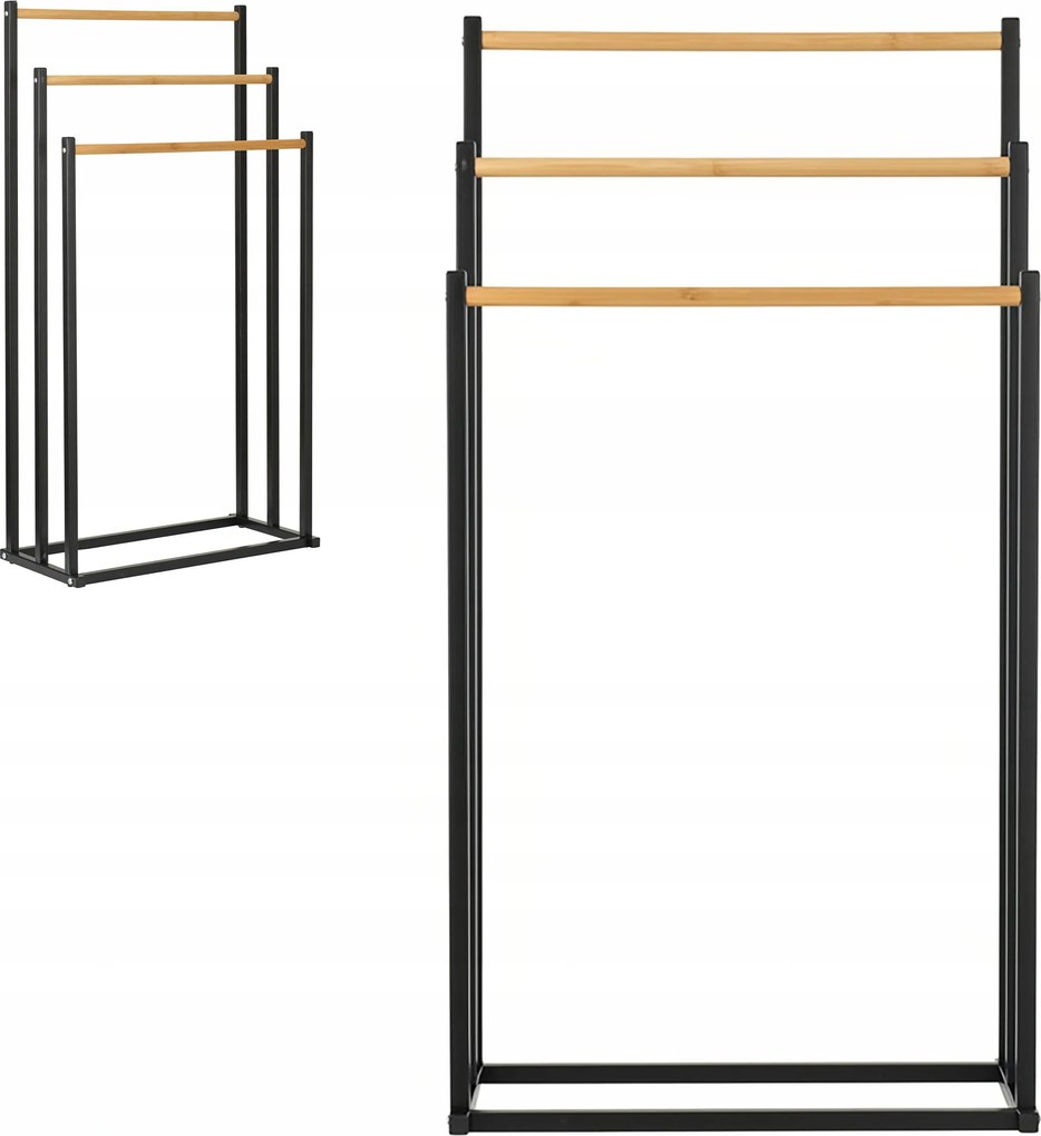 Törölközőtartó állvány álló fürdőszobai padló fekete 3 szintes