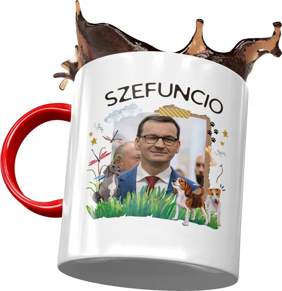 Piros bögre Mateusz Morawiecki Premier Ajándék Nyomtatott Fotóval