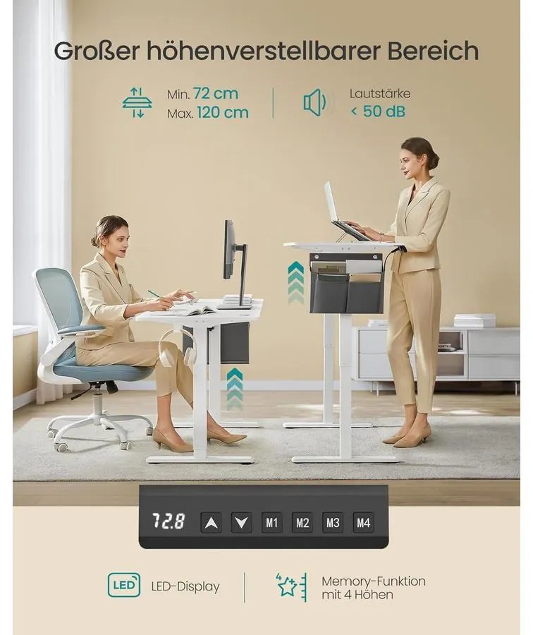 Elektromosan állítható magasságú íróasztal, 60 × 140 × 72–120 cm –, felhő fehér színben