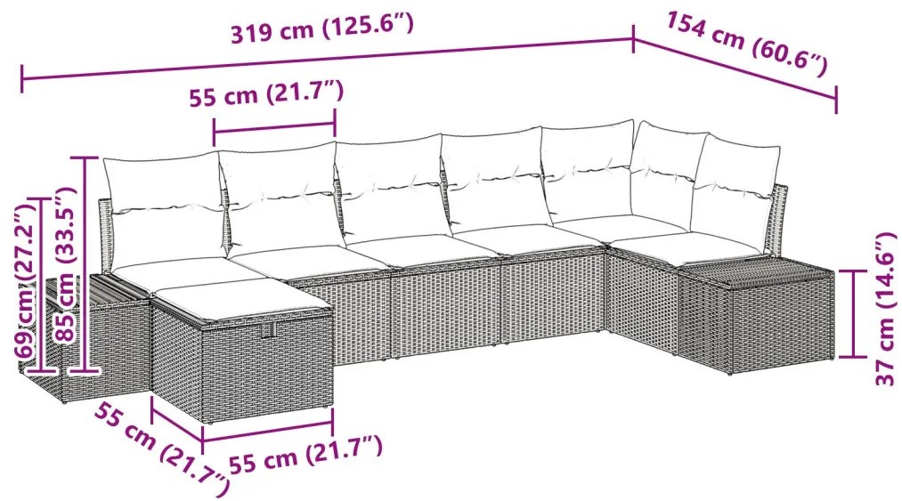 7 darabos kerti kanapé szett párnákkal, Bézs, Poli rattan