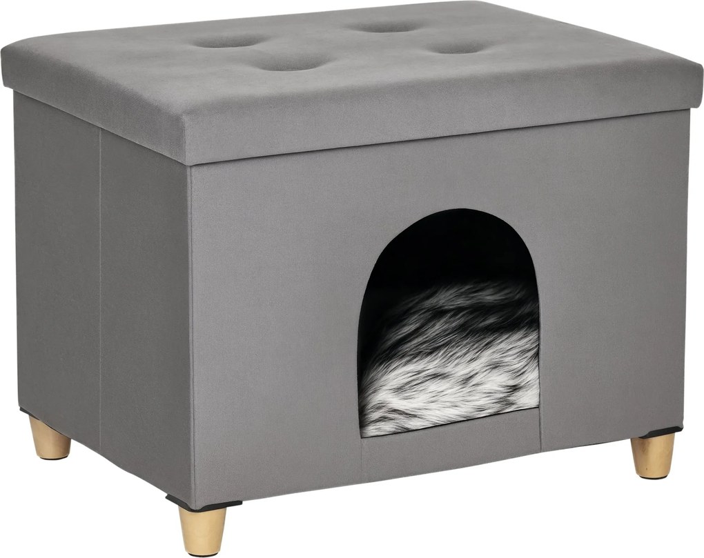 PawHut 2 az 1-ben Macska Barlang Puffal, Levehető Fedéllel, Washable Párnával és Magas Fa Lábakkal Benti Használatra 60x45x44,5 cm Szürke | Aosom