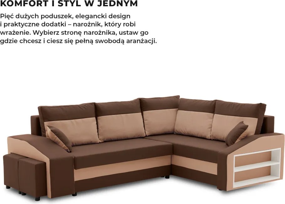 Grande sarokkanapé polcokkal és puffokkal , polc a jobb karfaban puffok a bal karfaban, jobboldali, szövet anyag, bonell töltet, barna