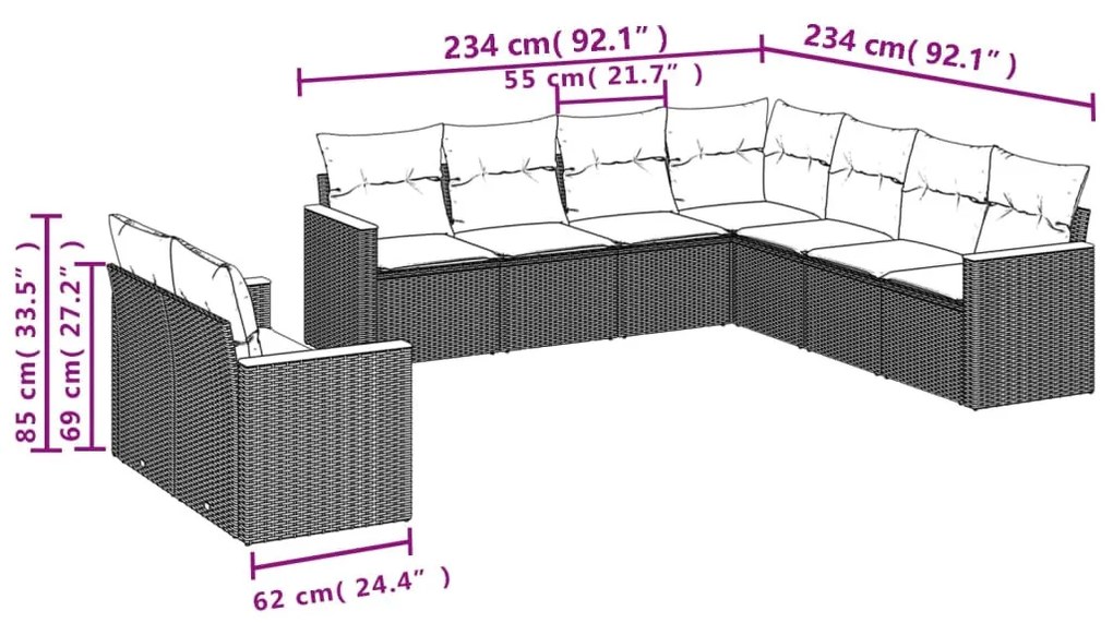 9 részes fekete polyrattan kerti ülőgarnitúra párnákkal