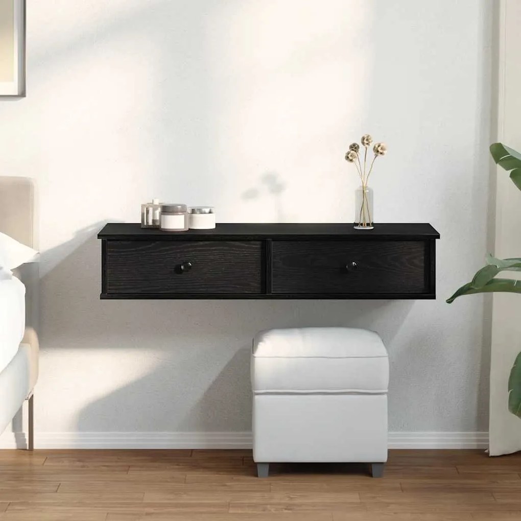 fekete szerelt fa falipolc fiókokkal 100 x 37,5 x 19 cm
