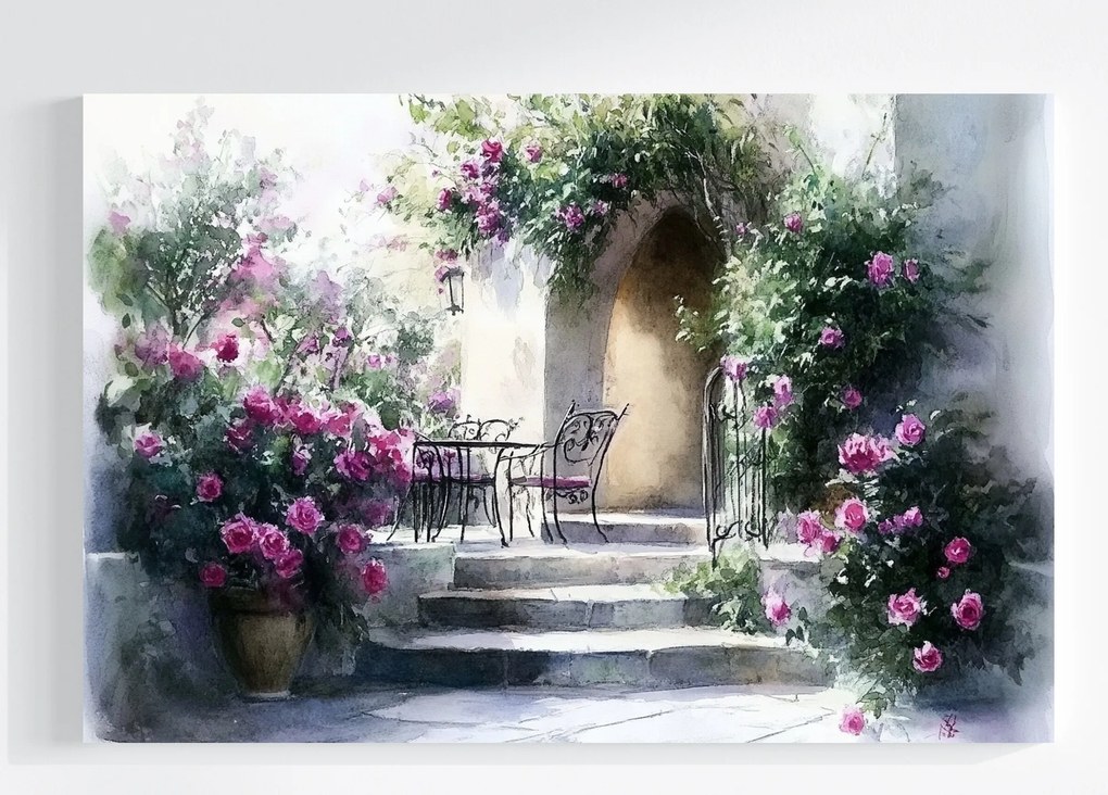 Vászonkép Canvas Ház Terasz Kert Lépcső Virágok Rózsák Nyár 120x80
